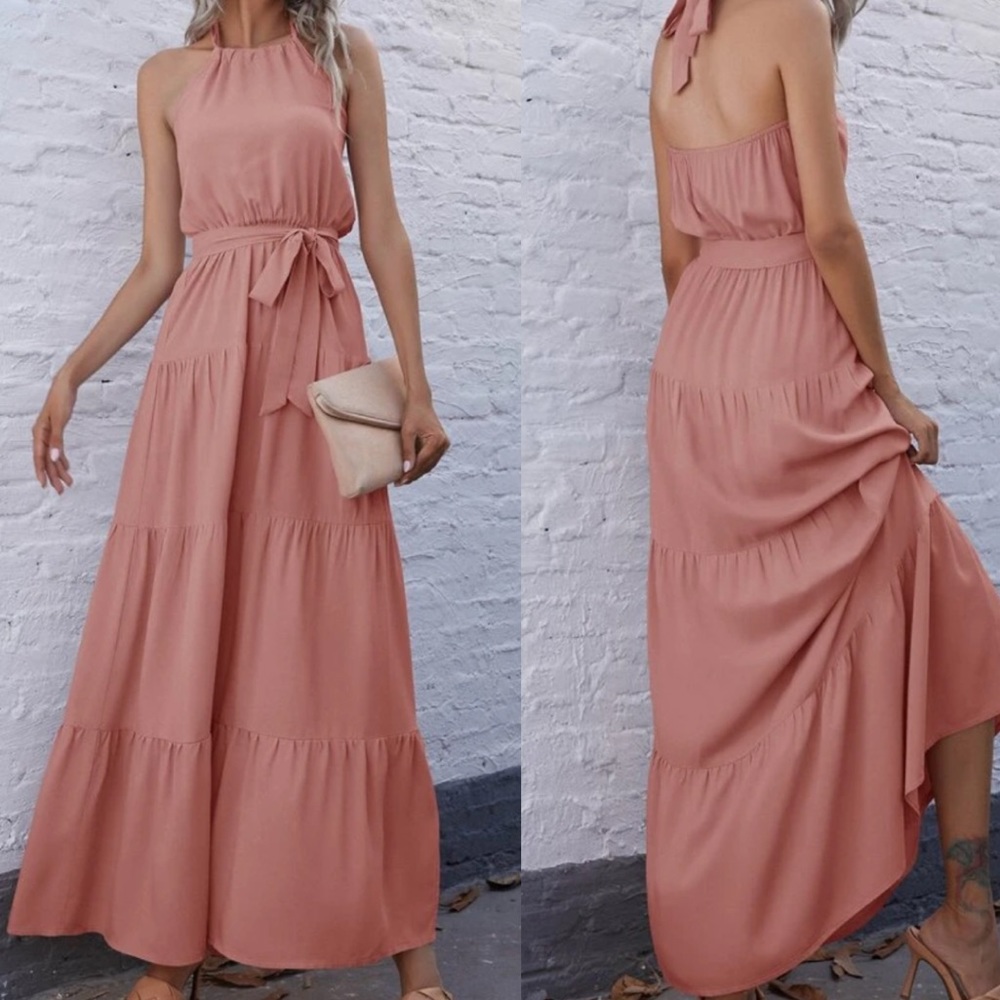 Boho belted halter maxi dress - DUSTY PINK